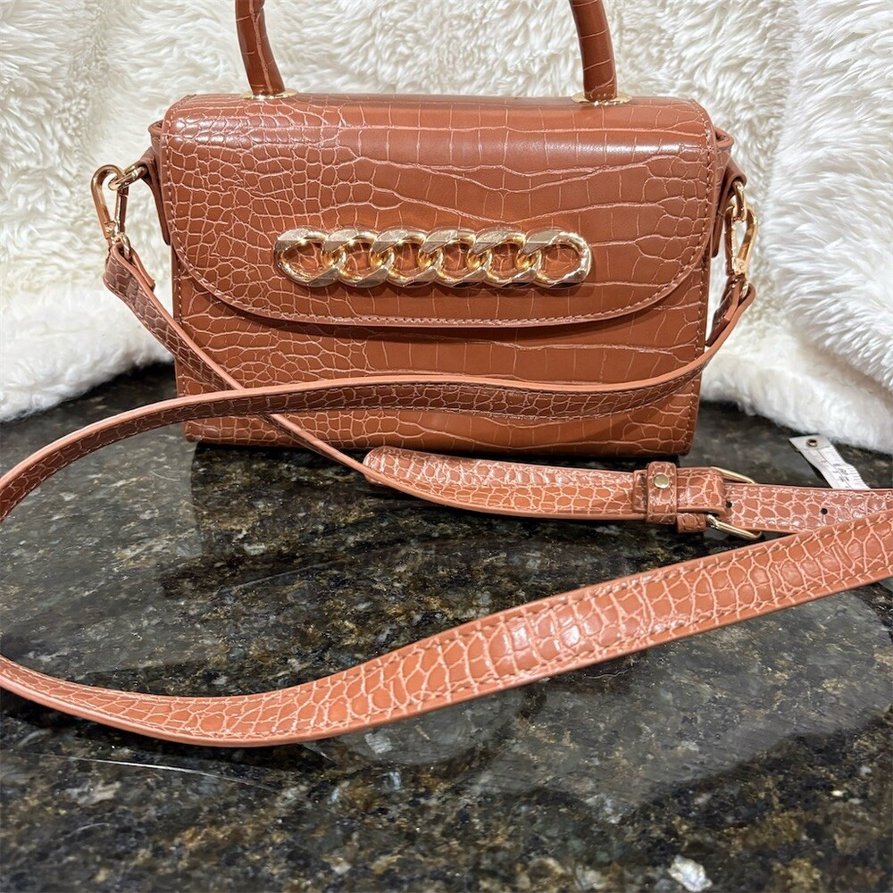 Like Dreams Satchel Handbag Womens Tan Croc Embossed Gold Chain Detail